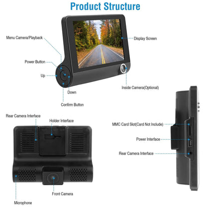 1296P 3-Lens Car Dash Cam - Front, Interior & Rear DVR Recorder 1296P Car DVR Dash Camera 4In 3 Lens Veh | Ectron Online