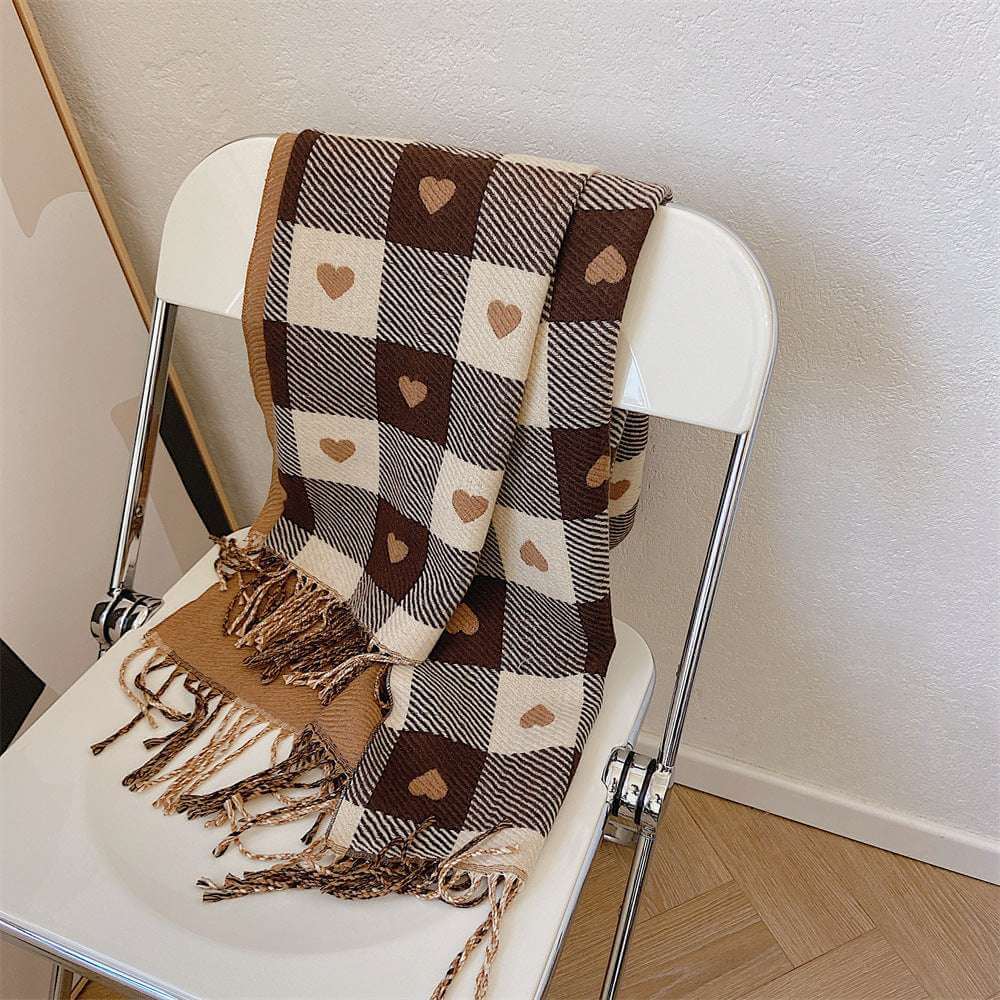 Women's Faux Cashmere Heart Check Scarf with Fringe