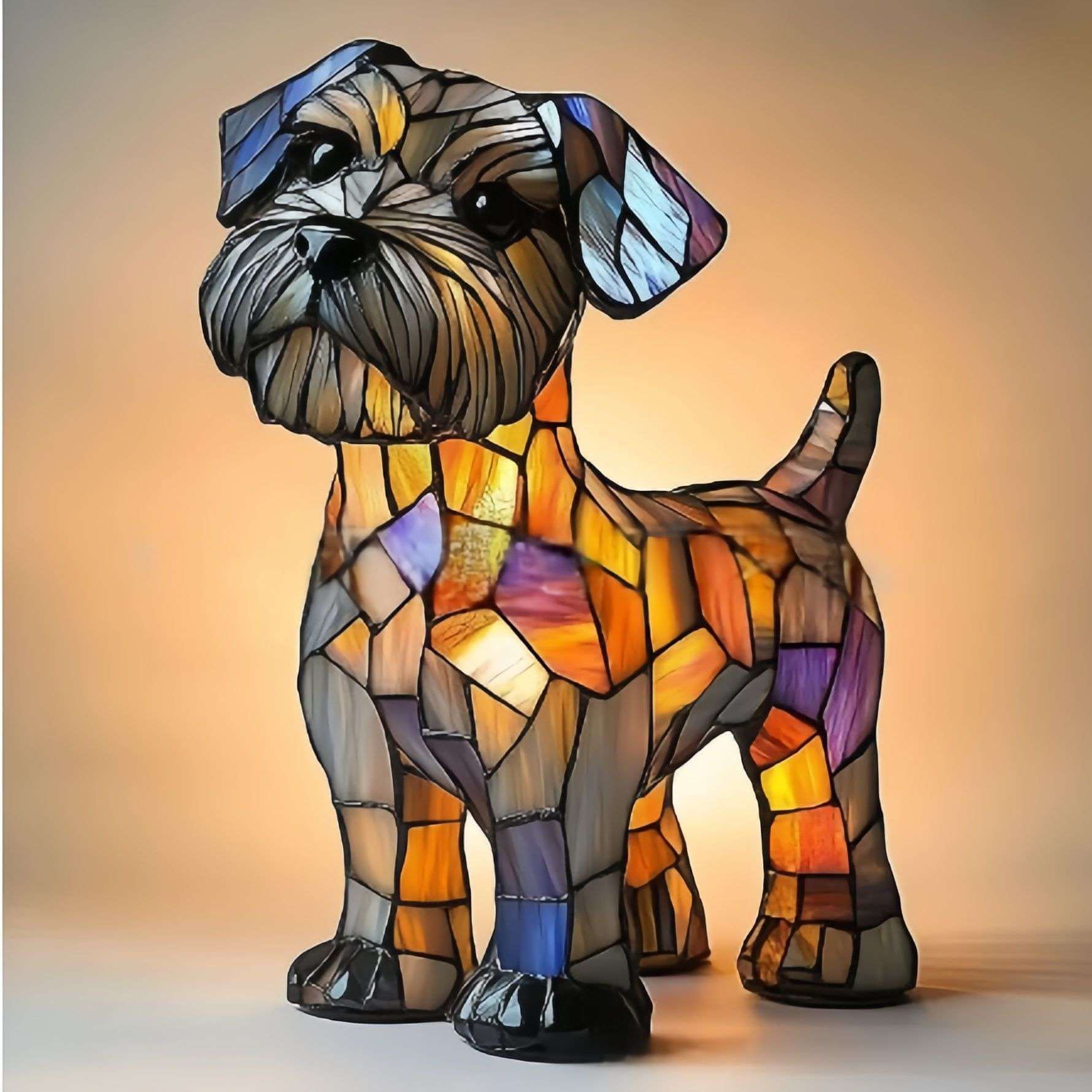 Colorful dog-shaped lamp with gray and orange mosaic finish, standing dog looking left