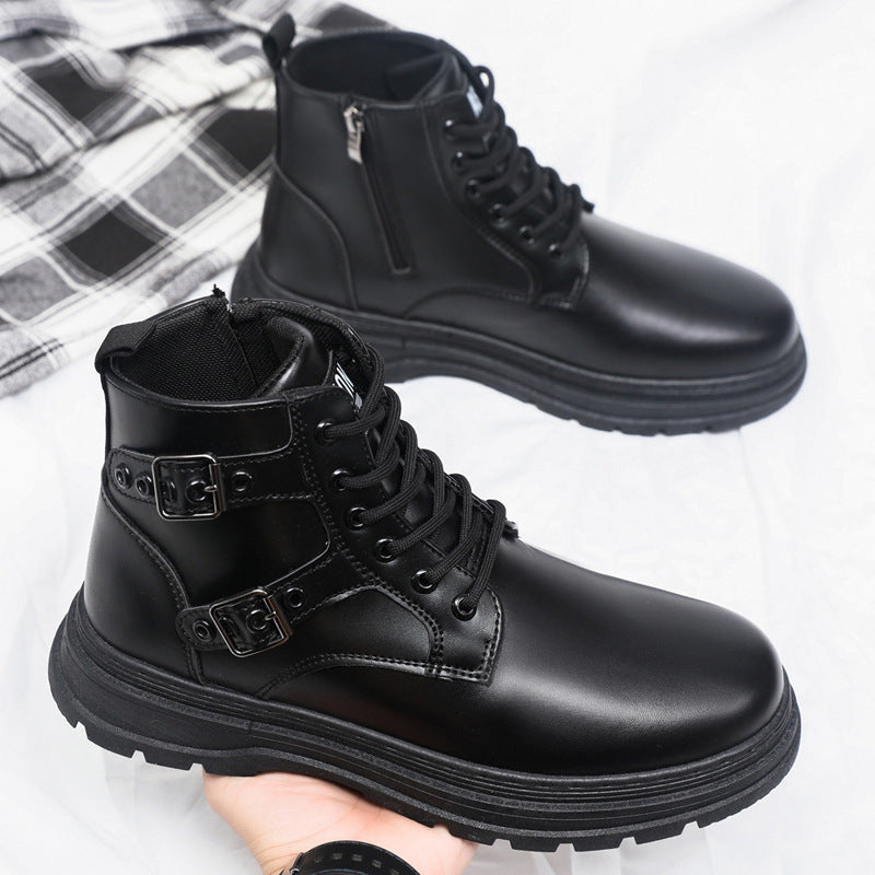 Black leather-style lace-up combat boots with side buckle straps and thick sole