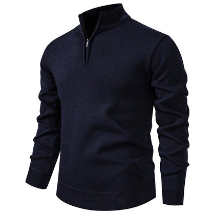 Men's knit half-zip sweater, navy blue with ribbed cuffs and quarter-zip collar