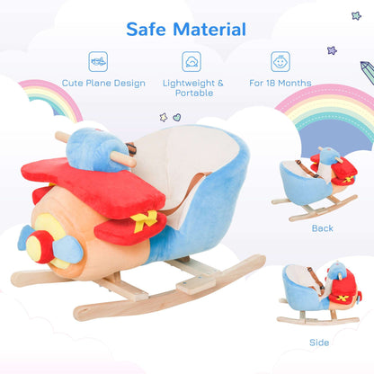 Kids plush rocking horse with blue body, red saddle, and wooden base, side view