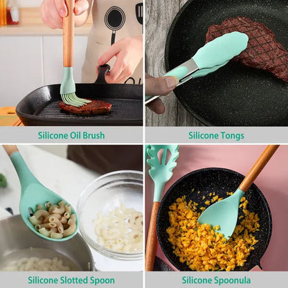 {{ brand }} 11 Pcs Silicone Cooking Utensil Set - Heat Resistant with Wooden Handles - 11Pcs Silicone Cooking Utensil Set Heat