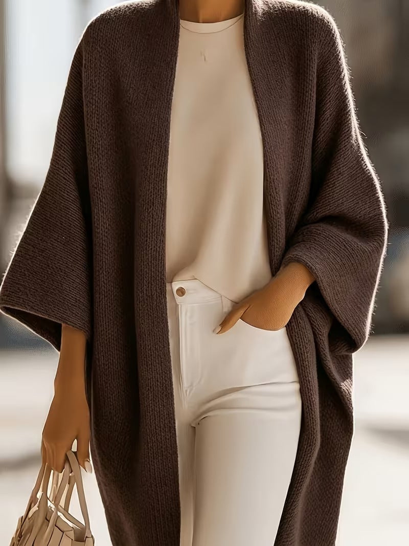 Dark brown knit shawl jacket with draped open front and short batwing sleeves