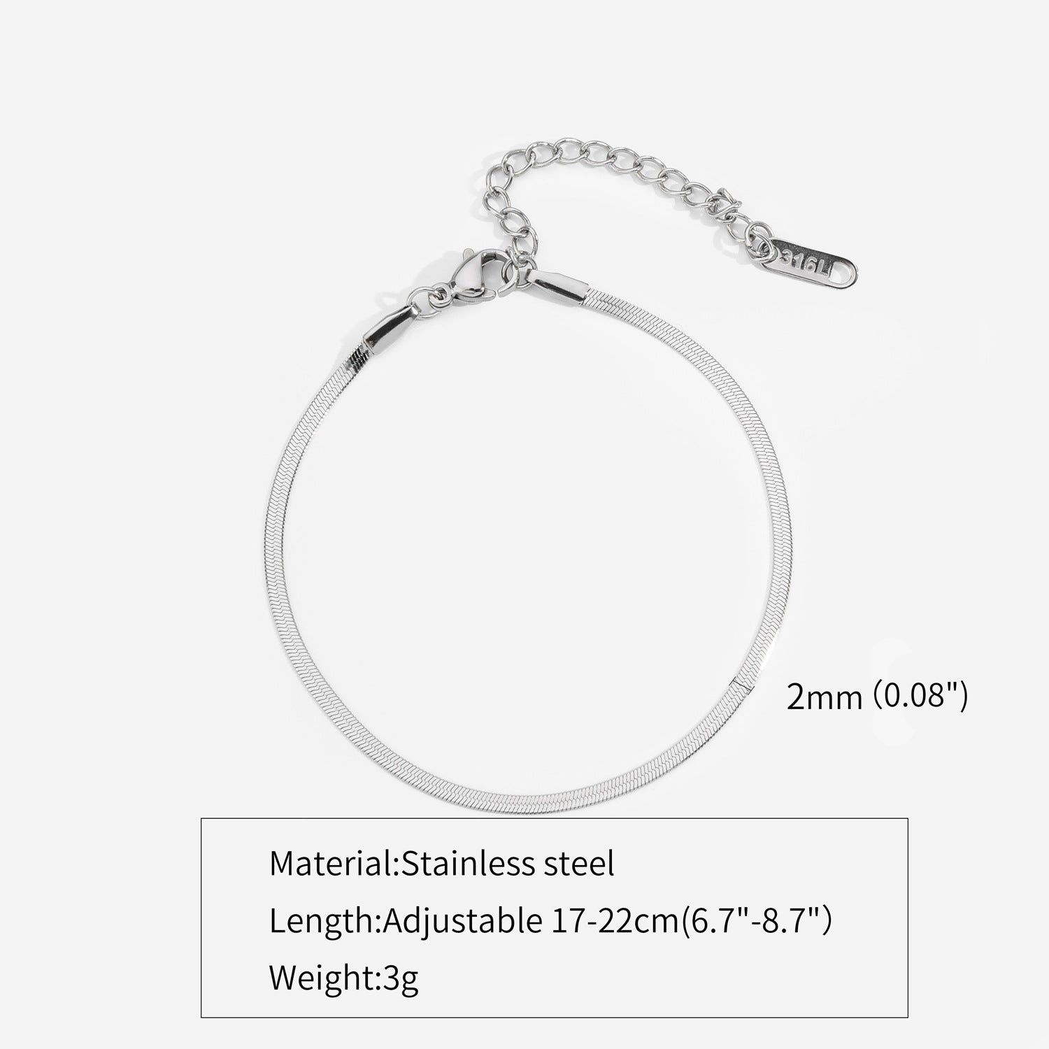 Silver-tone flat snake chain bracelet, 2mm width; adjustable 17-22cm
