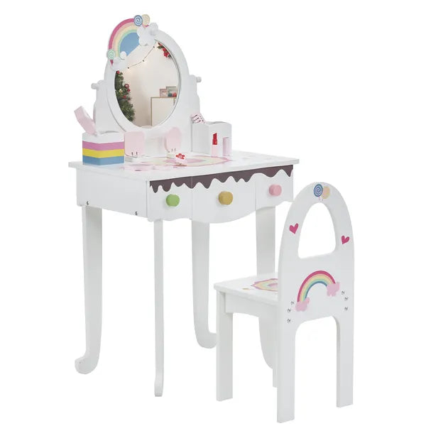 Kids Princess Vanity Table & Chair Set | 7-Piece Pretend Play Makeup Toys