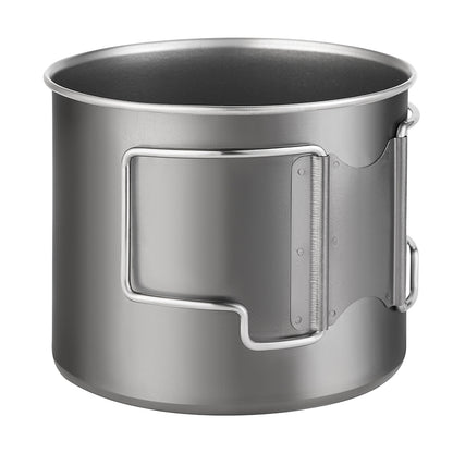 Grey titanium camping cup with side handle and locking lid, close-up