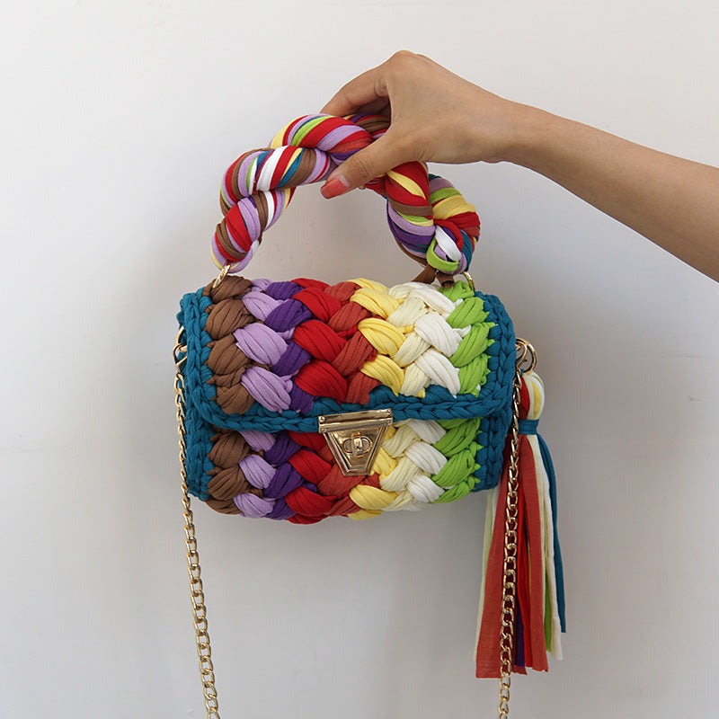 Pure Handmade Cloth Strip Bag Rainbow