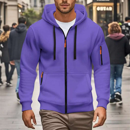 Men's zip-up hooded sweatshirt in purple with drawstring hood and front zipper