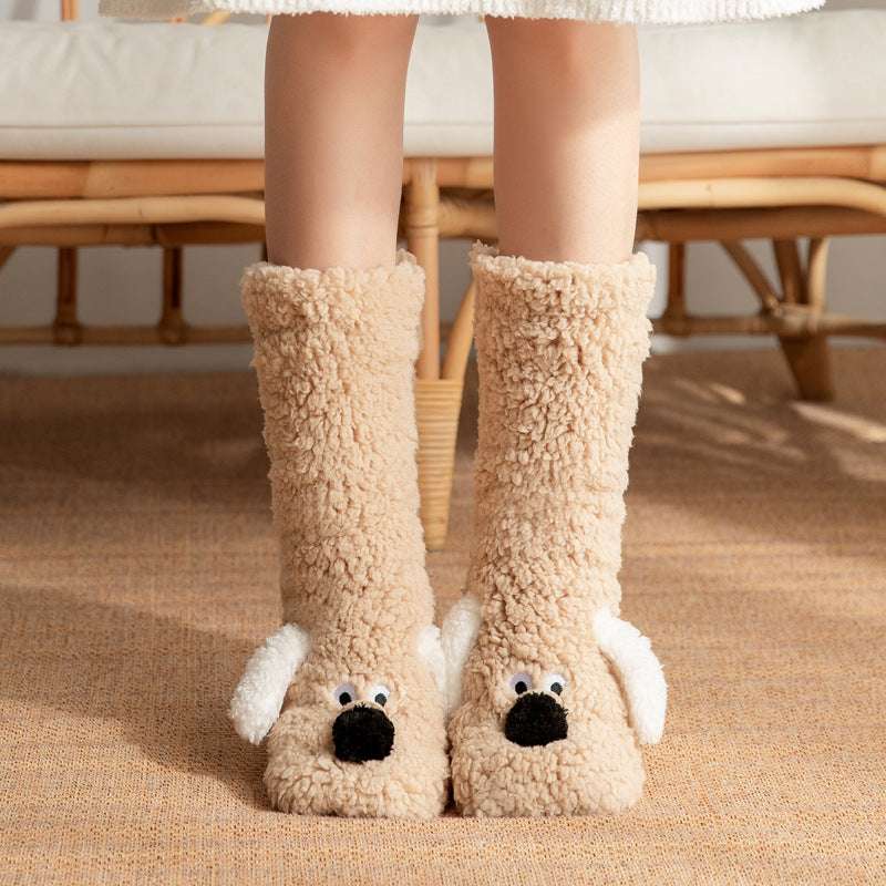 Light tan plush floor socks with dog face details and white paw accents, cozy winter style