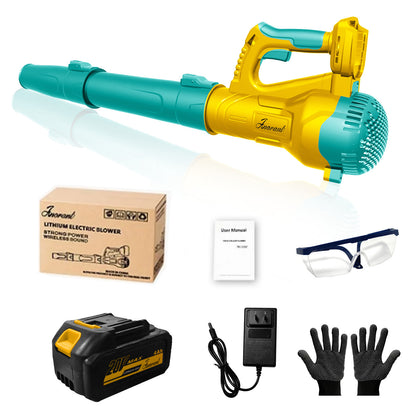 Cordless leaf blower kit, yellow and teal handheld blower with battery, charger, gloves