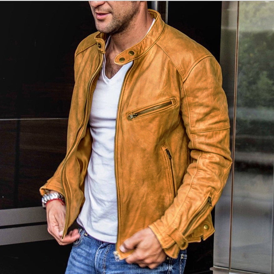 Stand-collar PU leather jacket in light tan, zip front, chest pocket, snap cuffs