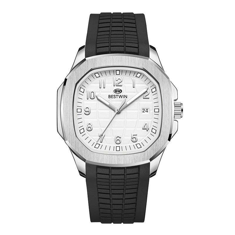 {{ brand }} Men's Fashion Sports Watch Black Belt Silver Case White - Fashion Sports Silicone Strap Alloy Watc