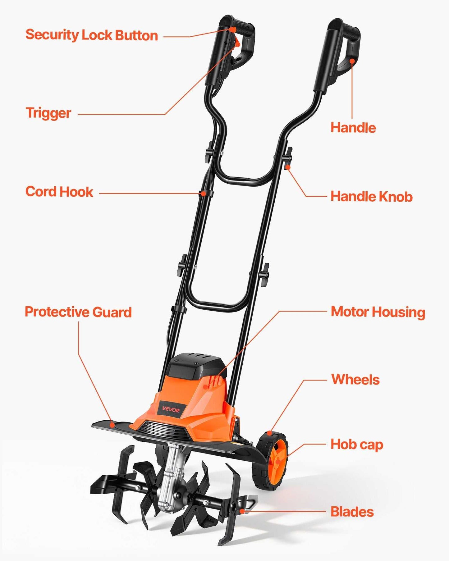 Orange-and-black corded electric garden tiller with wheels and front tine blades