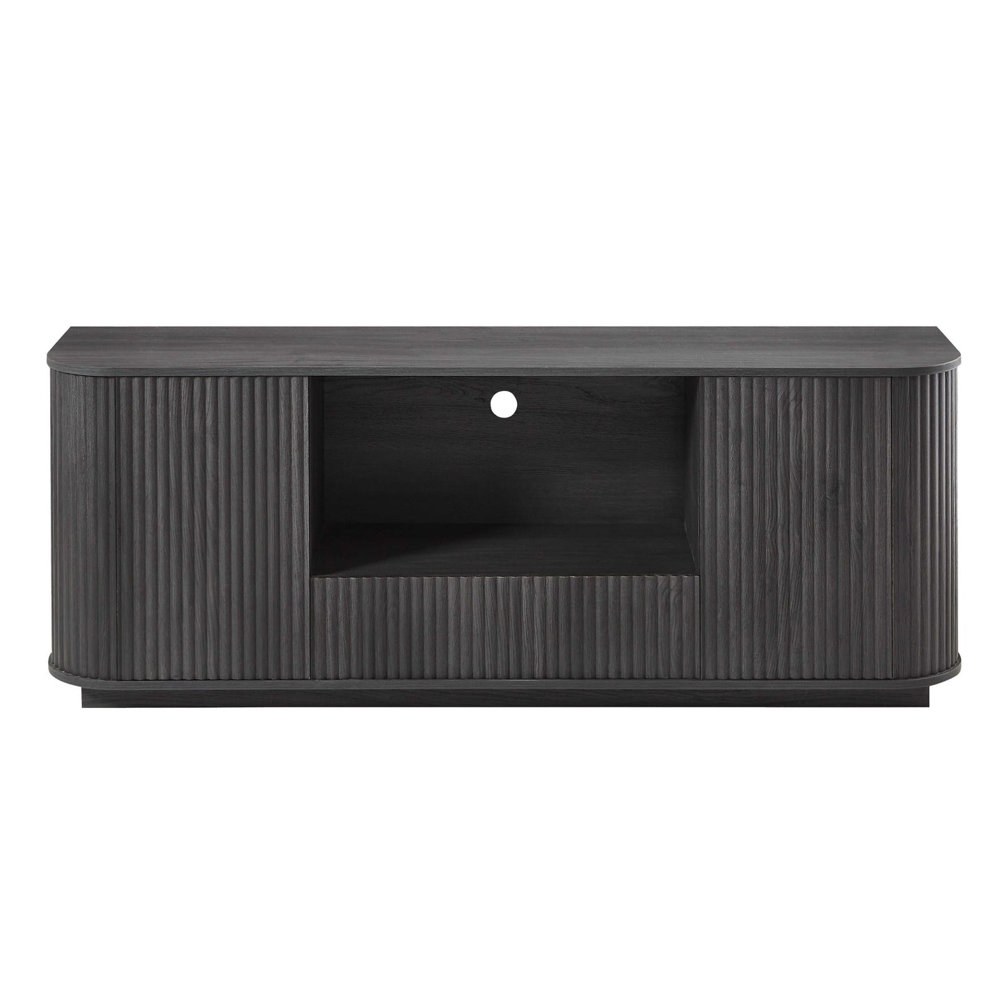 Black wavy TV stand cabinet with vertical stripe doors and open center shelf
