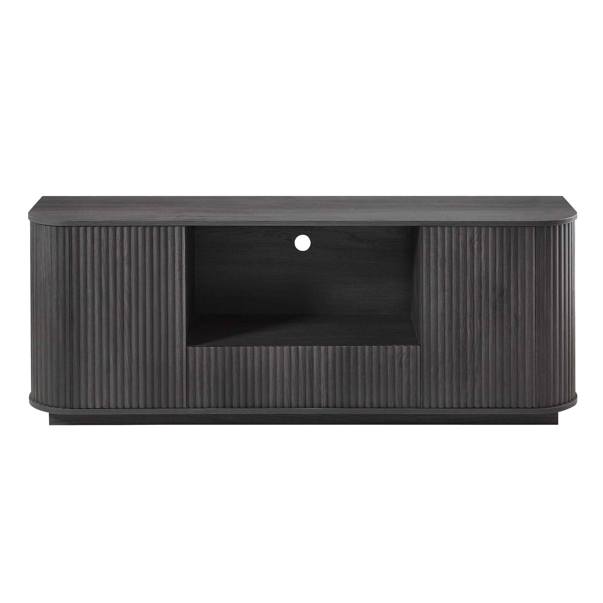 Black wavy TV stand cabinet with vertical stripe doors and open center shelf