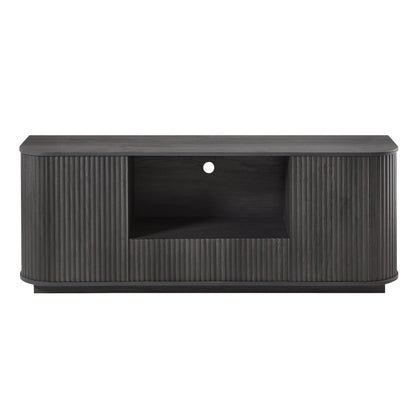 Black corrugated TV stand with rounded cabinet doors and central open shelf