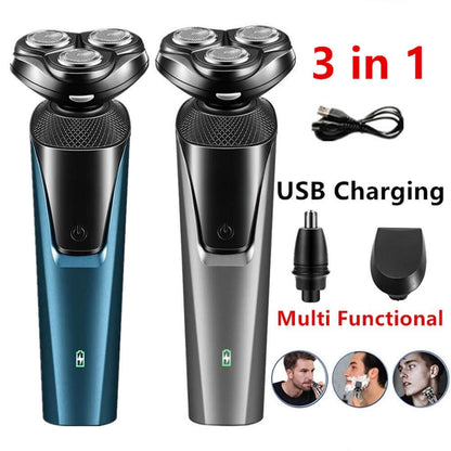 Cordless waterproof electric beard and nose trimmer with three shaving heads, blue handle
