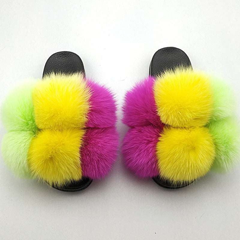 Luxury Fox Fur Slides & Fluffy Slippers Fox Fur Ball Slippers For Outer Wear | Ectron Online