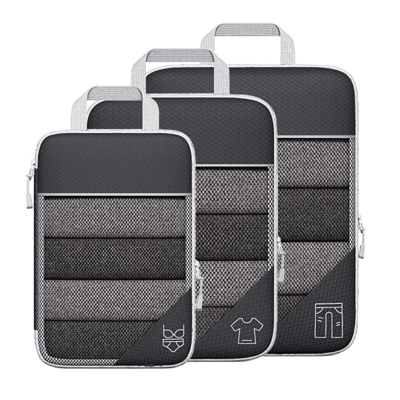 Luggage organizer set with compression bags and shoe bag, dark gray with light trim