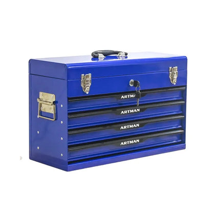 Blue steel tool box with drawers, metal latches and black handle, ARTMAN label.