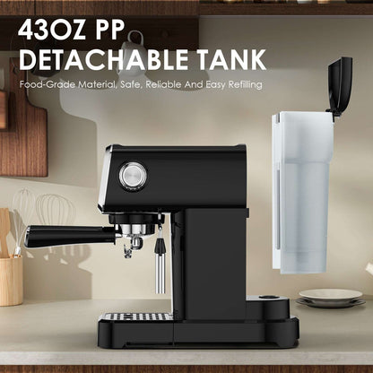 Compact espresso machine with detached water tank and front portafilter area, black and silver