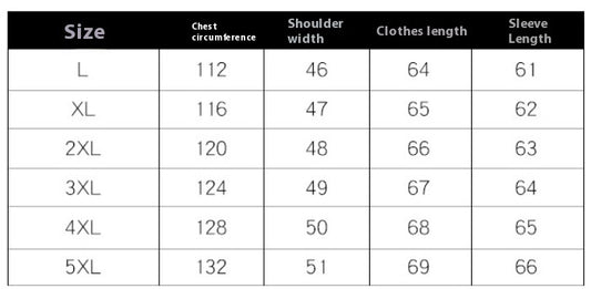 Size chart for clothing with measurements in centimeters