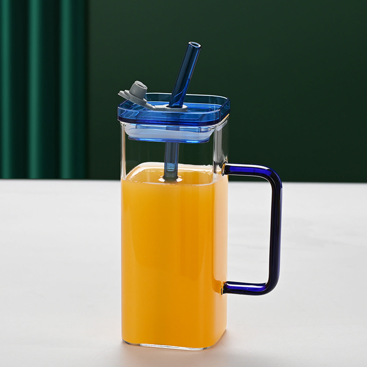 Blue Square Glass Cup with Straw & Lid | High Borosilicate Drinking Glass