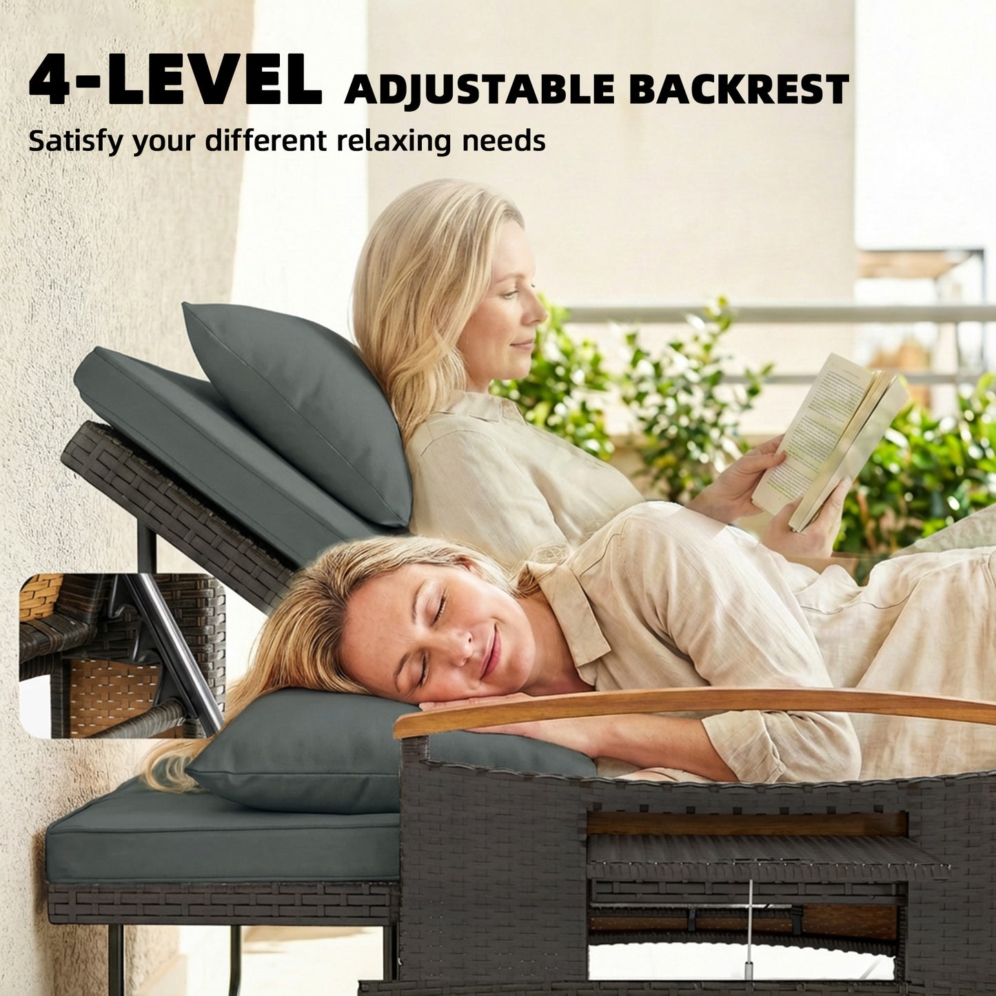 Rattan Outdoor Daybed with 4-Level Adjustable Backrest - Gray