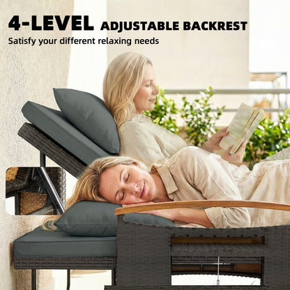 Gray outdoor daybed with 4-level adjustable backrest in a reclining position