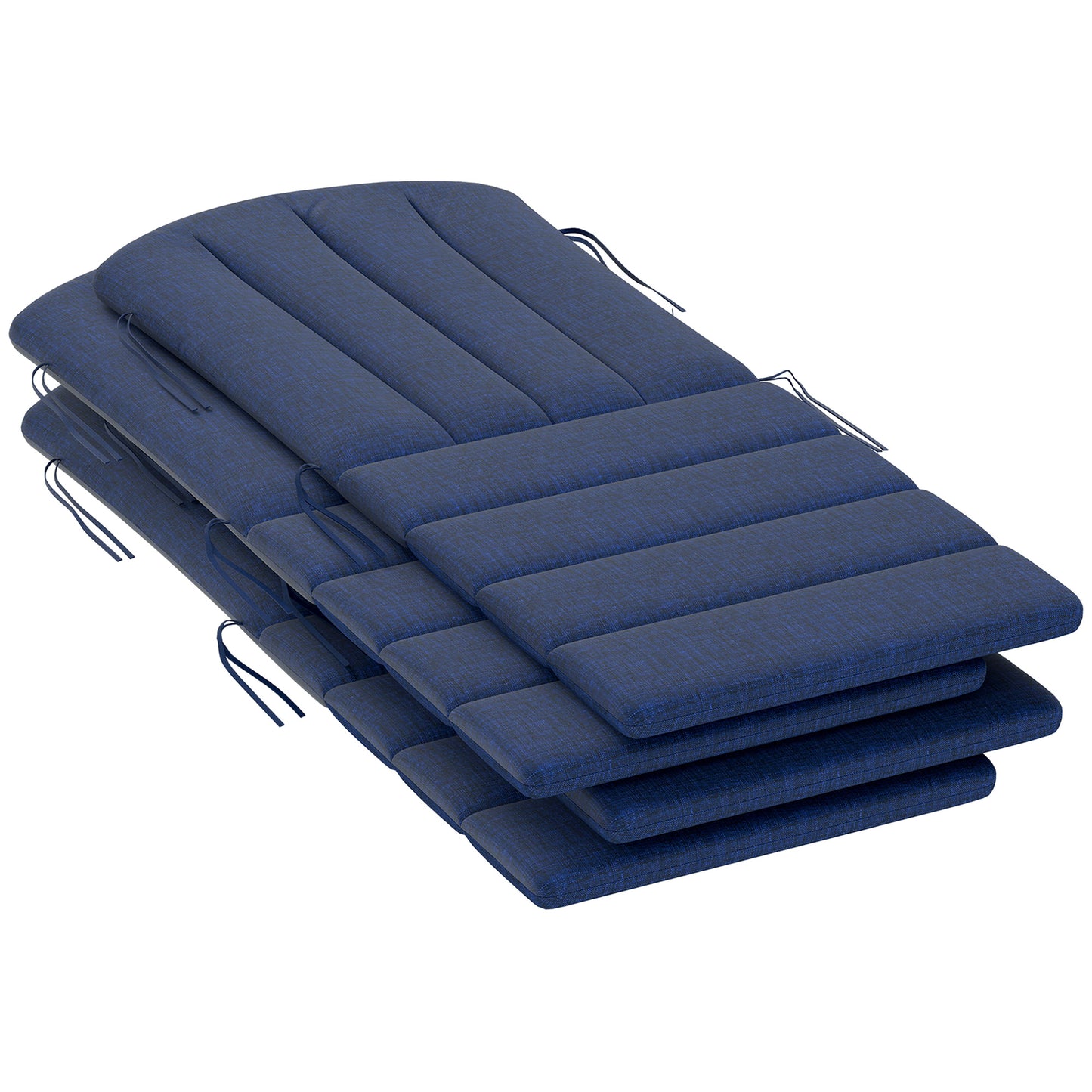 Stack of navy high-back chair cushions with tie cords