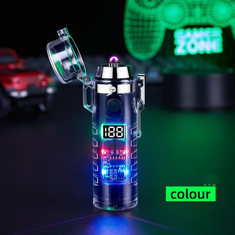 Transparent Shell Dual Arc USB Charging Lighter Outdoor Waterproof LED Colorful Light Power Display Illumination Light Gadgets