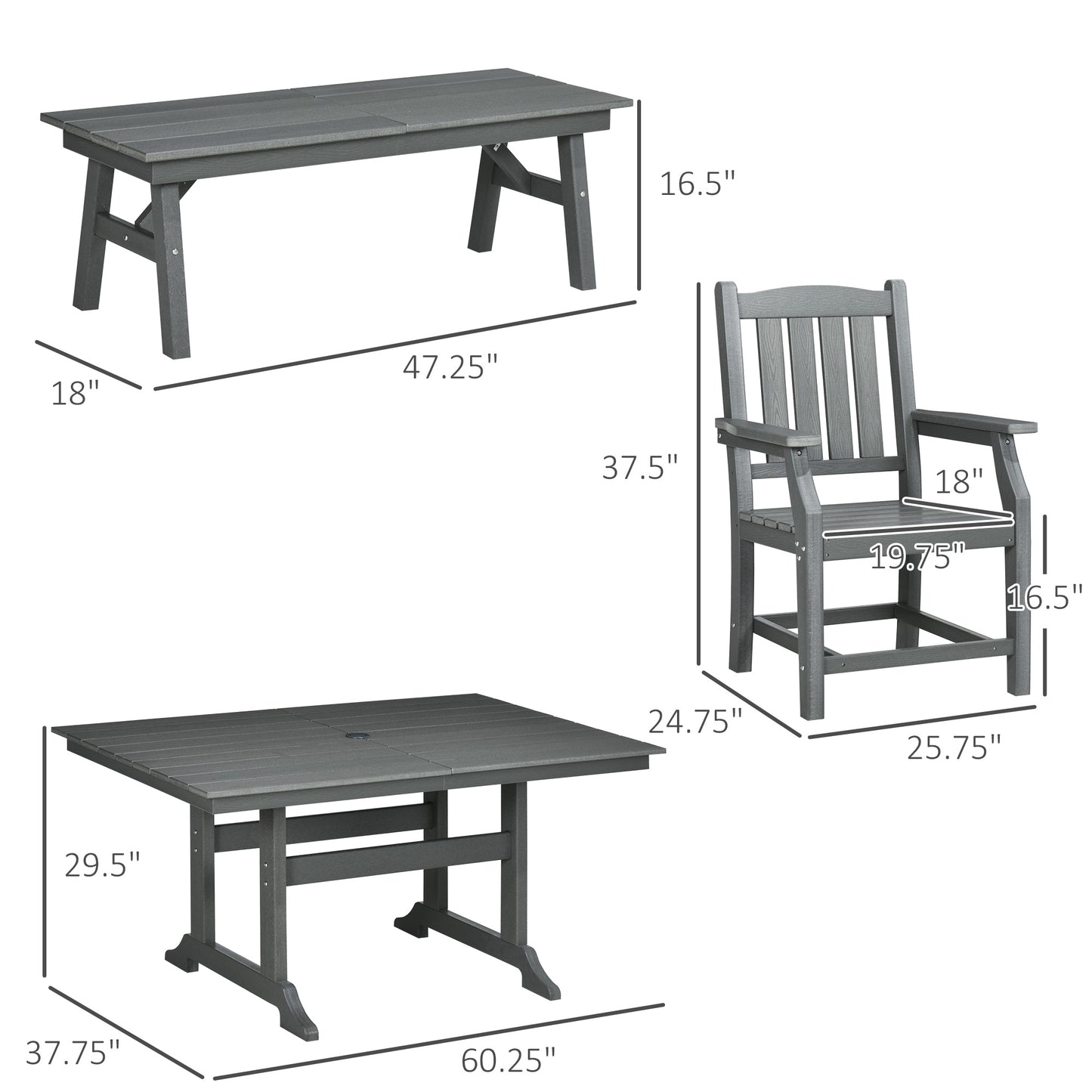 6-Piece Patio Dining Set with Umbrella Hole | 6-Seater Dark Gray