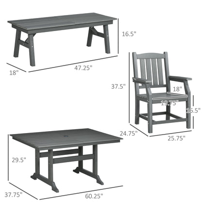 Patio dining set size chart showing rectangular table and chair/bench dimensions