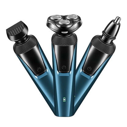 Cordless waterproof electric beard and nose trimmer, blue and black with three circular heads