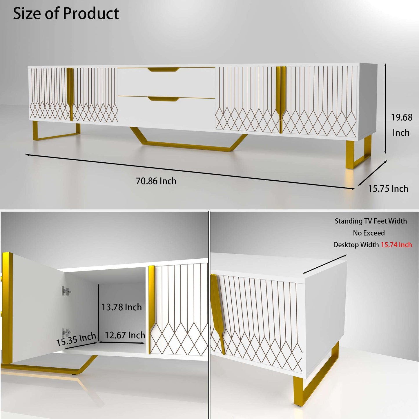 White TV console side view with diamond door fronts and gold metal legs