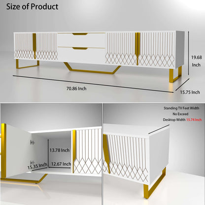 White TV console side view with diamond door fronts and gold metal legs