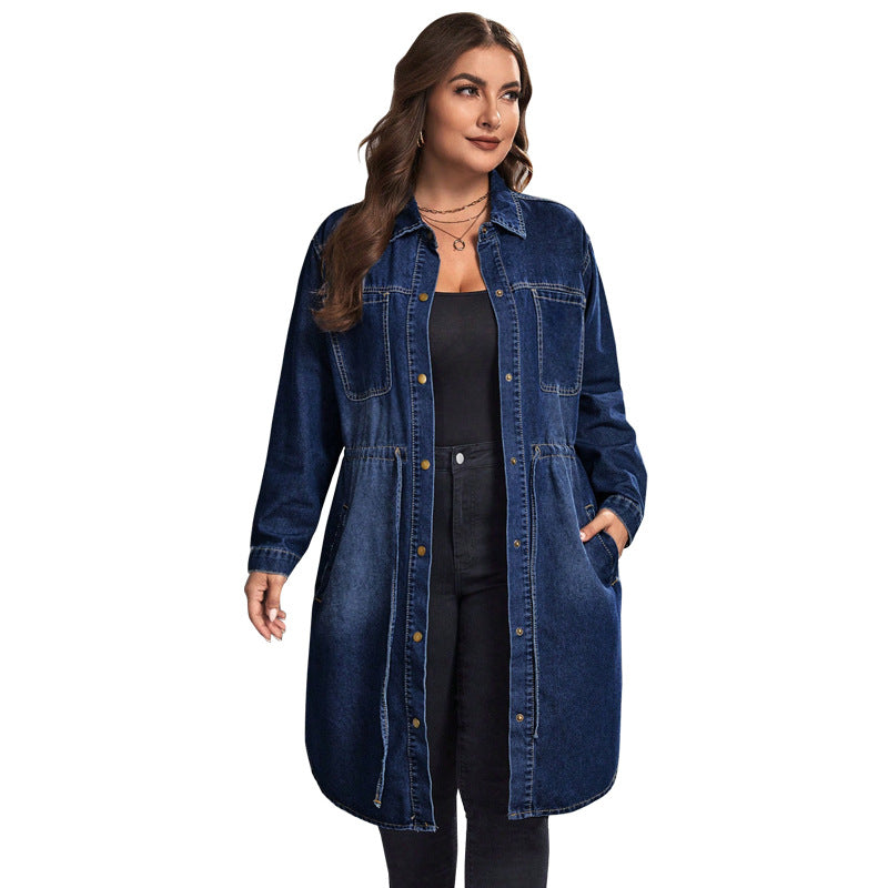 Dark blue denim button-front blouse jacket with collared neckline and chest pockets