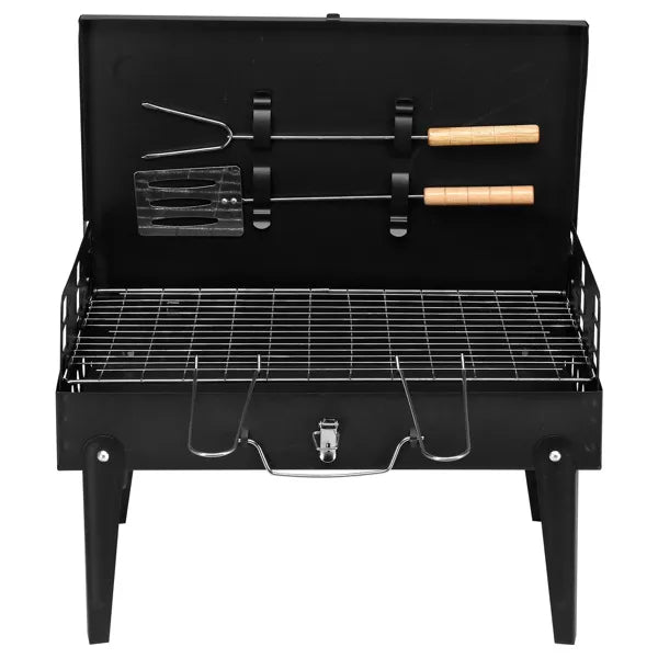 Portable square charcoal grill, black, open lid with cooking grate and side tool holders