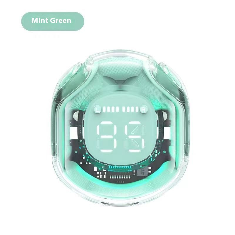 Mint green transparent Bluetooth headset with bright oval digital display window