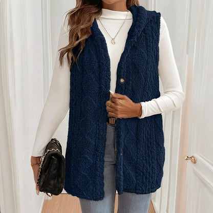 Women's Textured Hooded Vest | Button-Front Fall Layering Piece Women's Textured Sleeveless Hooded Vest, | Ectron Online