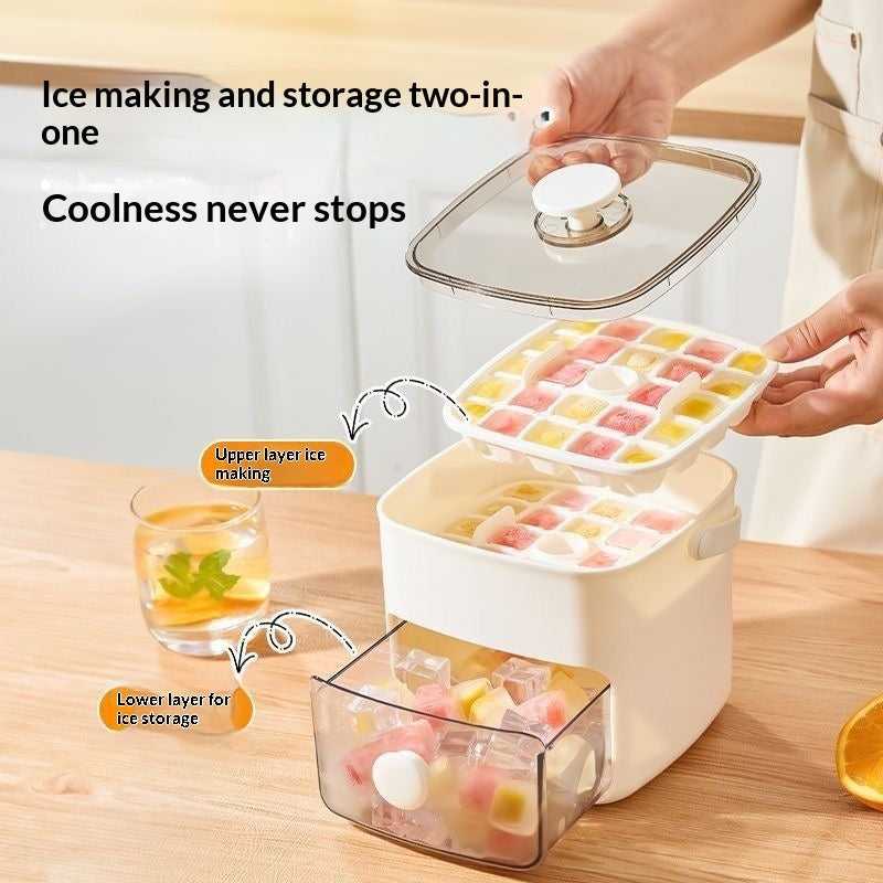 White double-layer ice cube maker with lid and clear storage bin, hands removing tray