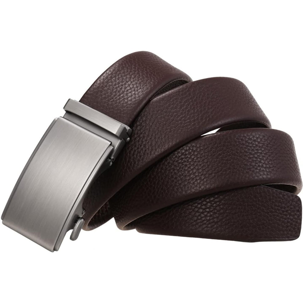 Men’s business casual automatic belt with dark brown leather and brushed silver buckle close-up