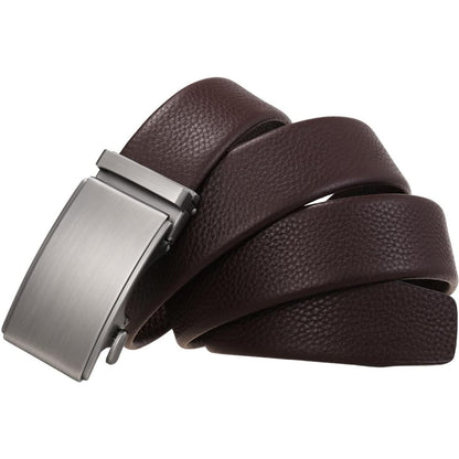 Men’s business casual automatic belt with dark brown leather and brushed silver buckle close-up