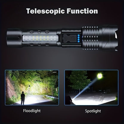 Black telescopic flashlight showing wide flood beam and narrow spotlight beam