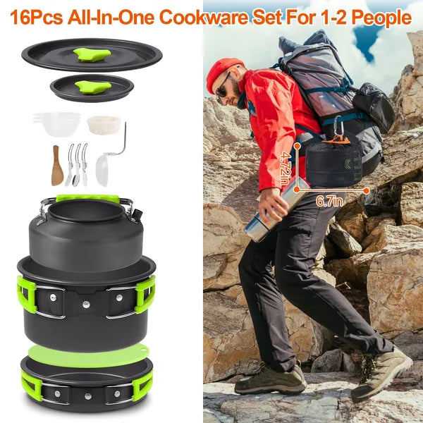 16Pcs Camping Cookware Set | Portable Stove & Aluminum Pot Kit