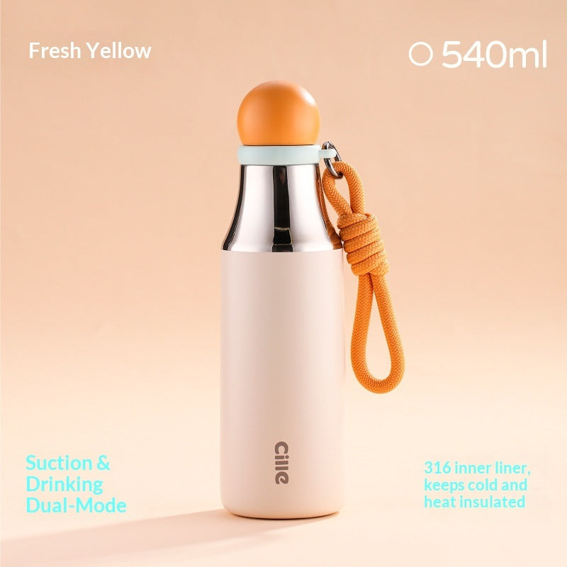 Insulated thermos mug in fresh yellow-orange with stainless steel body and orange cord loop.