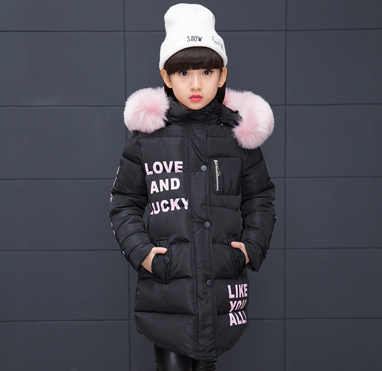 Girls' black cotton-padded winter jacket with faux-fur hood trim and front button placket