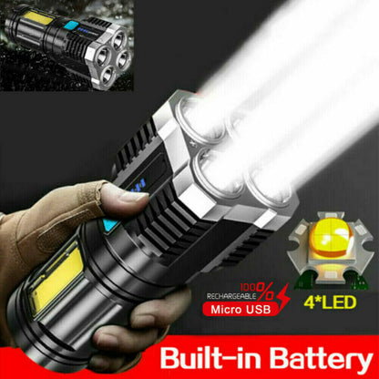 Black tactical LED flashlight with blue micro USB label and 4-LED power graphic