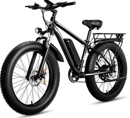Electric fat tire bike, black frame with front headlight and rear cargo rack